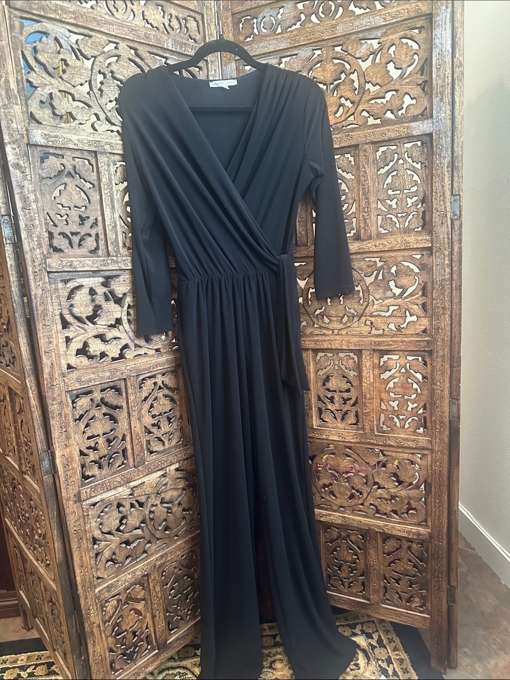 Annalee + Hope Black 3/4 Sleeve Faux Wrap Jumpsuit